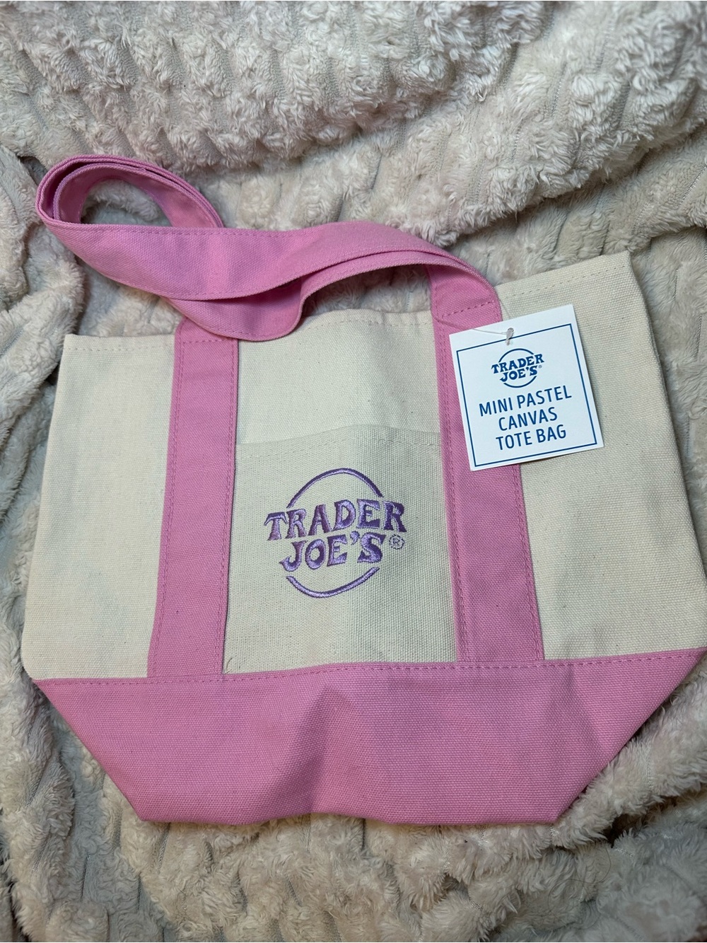 Trader Joe's Mini Canvas Tote Bag in Pink & Cream